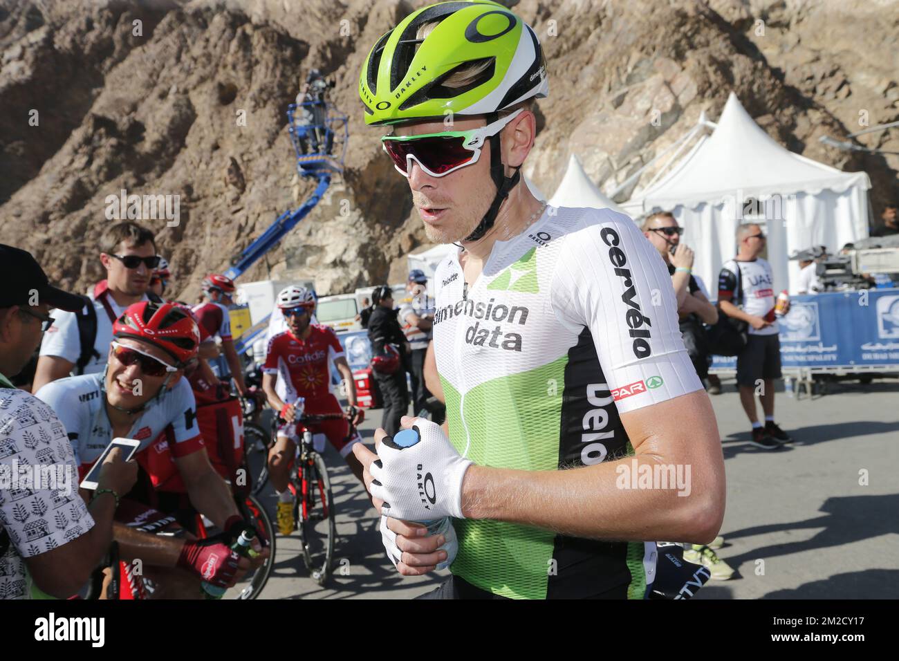 Belgian Julien Vermote of Team Dimension Data pictured after stage 4 of the Dubai Tour 2018 cycling race, 172km from Dubai to Hatta Dam, United Arab Emirates, Friday 09 February 2018. The Dubai Tour 2018 is taking place from 6 to 10 February. BELGA PHOTO YUZURU SUNADA Stock Photo