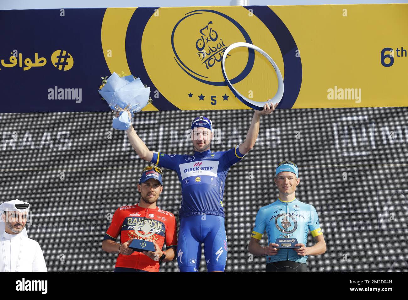 Italian Elia Viviani of Quick-Step Floors, Danish Magnus Cort of Astana Pro Team and Italian Sonny Colbrelli of Bahrain-Merida celebrate on the final podium of General Classification after the fifth and last stage of the Dubai Tour 2018 cycling race, 129 km from the Skydive and the city WAlk in Dubai, United Arab Emirates, Saturday 10 February 2018. The Dubai Tour 2018 is taking place from 6 to 10 February. BELGA PHOTO YUZURU SUNADA Stock Photo