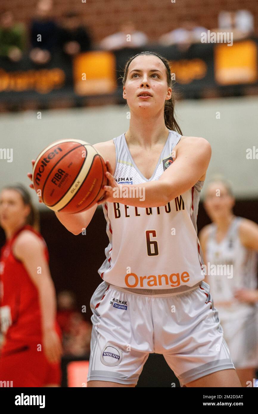 Belgian Cats Antonia Delaere fight for the ball during the Euro 2019  qualification match between the Belgian Cats, Belgium's women national  basketball team, and Switzerland, on Wednesday 14 February 2018, in  Kortrijk.