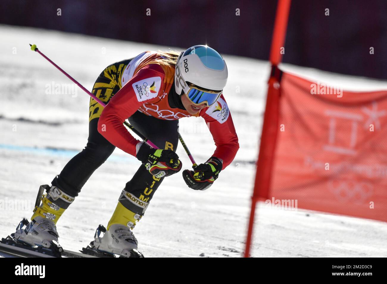Belgian skier Kim Vanreusel pictured in action during the women's giant slalom skiing event, at the XXIII Olympic Winter Games, Thursday 15 February 2018, in Pyeongchang, South Korea. The Winter Olympics are taking place from 9 February to 25 February in Pyeongchang County, South Korea. BELGA PHOTO DIRK WAEM Stock Photo