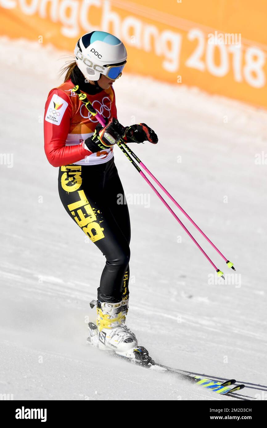 Belgian skier Kim Vanreusel pictured during the women's giant slalom skiing event, at the XXIII Olympic Winter Games, Thursday 15 February 2018, in Pyeongchang, South Korea. The Winter Olympics are taking place from 9 February to 25 February in Pyeongchang County, South Korea. BELGA PHOTO DIRK WAEM Stock Photo