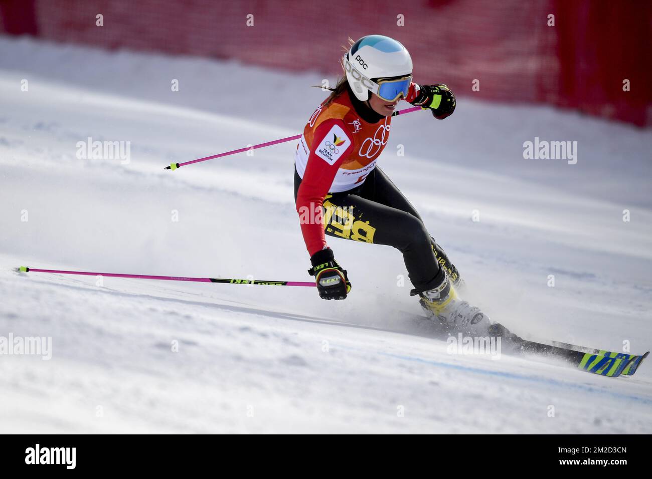 Belgian skier Kim Vanreusel pictured in action during the women's giant slalom skiing event, at the XXIII Olympic Winter Games, Thursday 15 February 2018, in Pyeongchang, South Korea. The Winter Olympics are taking place from 9 February to 25 February in Pyeongchang County, South Korea. BELGA PHOTO DIRK WAEM Stock Photo