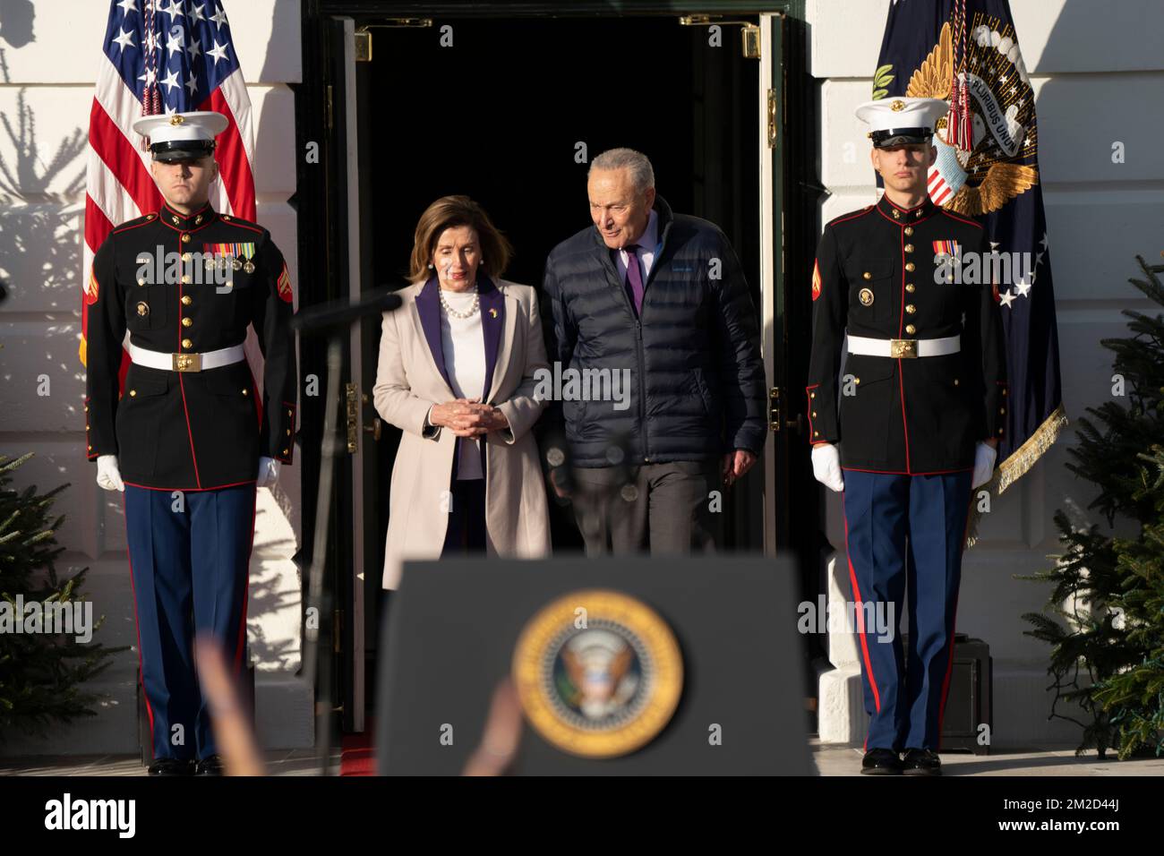 United States Senate Majority Leader Chuck Schumer (Democrat of New York) and Speaker of the United States House of Representatives Nancy Pelosi (Democrat of California) arrive before United States President Joe Biden hosts a ceremony to sign the Respect for Marriage Act on the South Lawn of the White House in Washington, DC on Tuesday, December 13, 2022. Credit: Chris Kleponis/Pool via CNP /MediaPunch Stock Photo