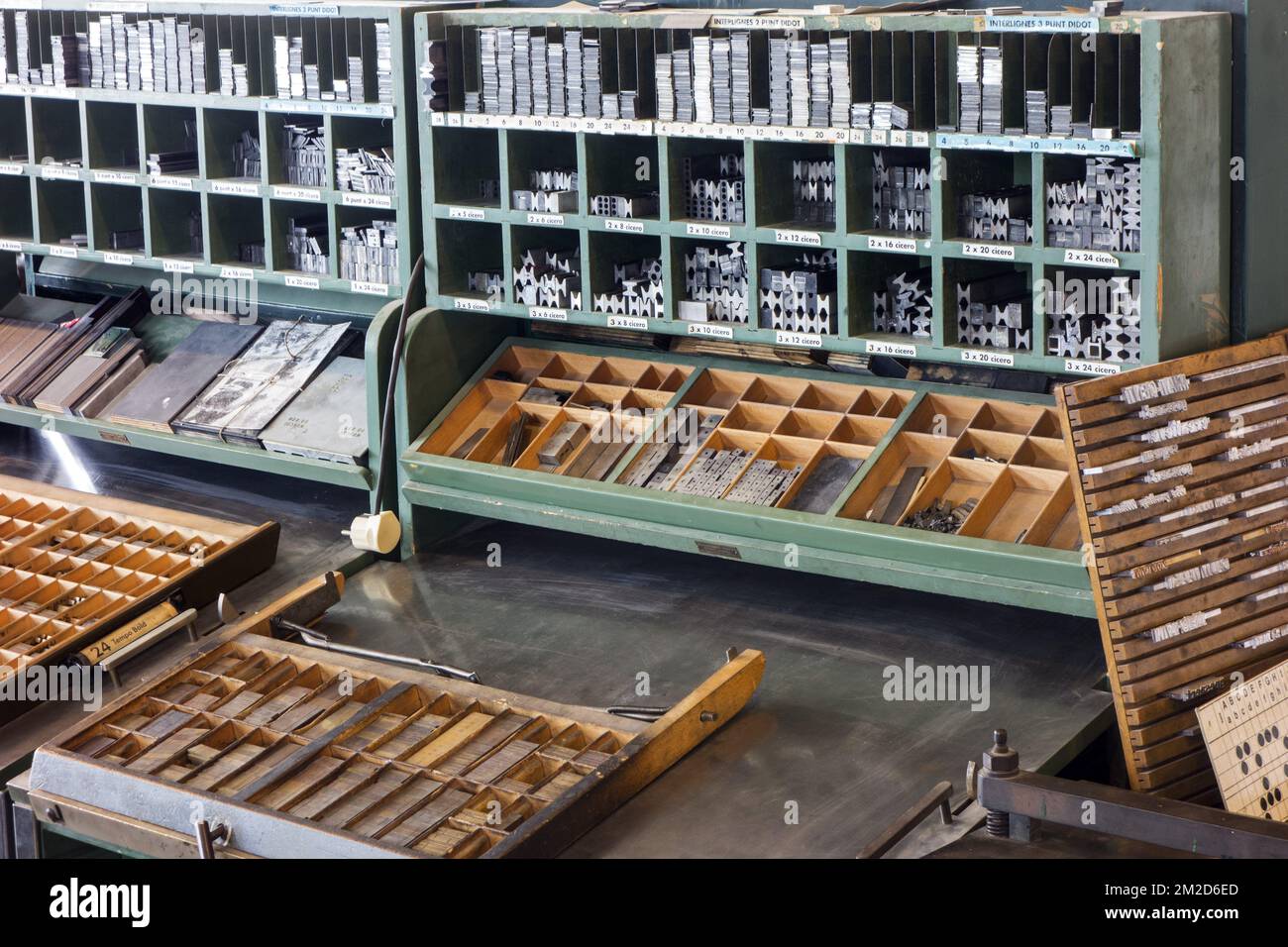 Type case in composing room at printing business, technology for mechanical typesetting text in letterpress printing | Casse, casier destiné à contenir l'ensemble des caractères en plomb d'une même fonte dans imprimerie 11/02/2018 Stock Photo