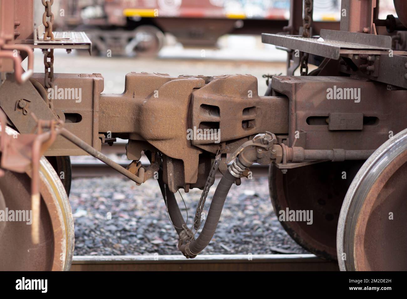 Railroad hopper car coupler, on the tracks, at the BNSF railroad yard
