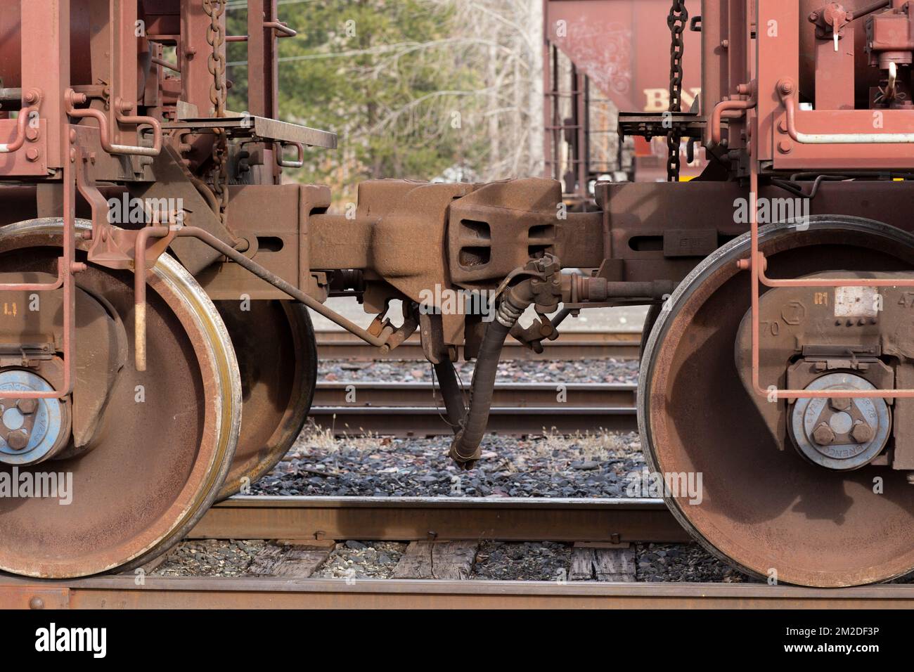 Troy, Montana, USA. February 23, 2021. Railroad hopper car coupler, on