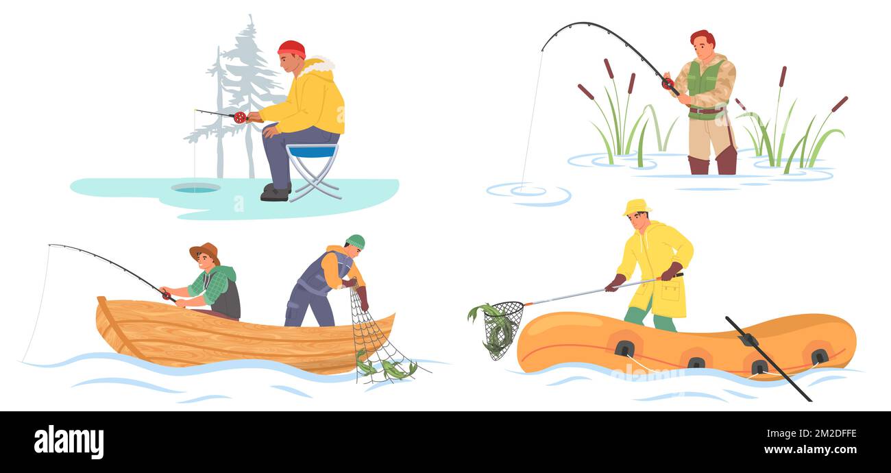 Fisherman in boat, on river bank or ice-hole Stock Vector