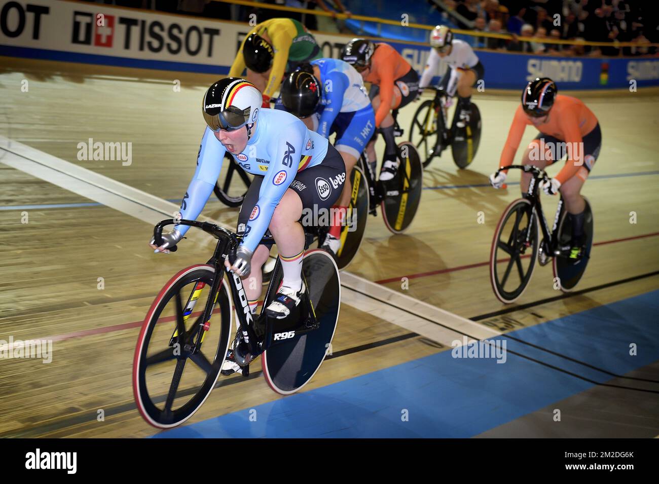 Belgian Nicky Degrendele celebrates as she crosses the finish line to ...