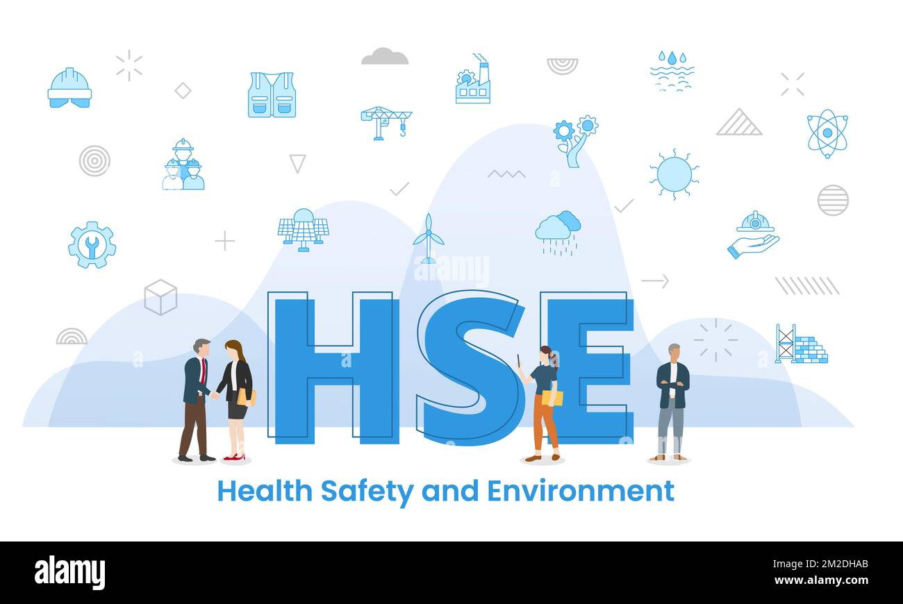hse health safety environment concept with big words and people