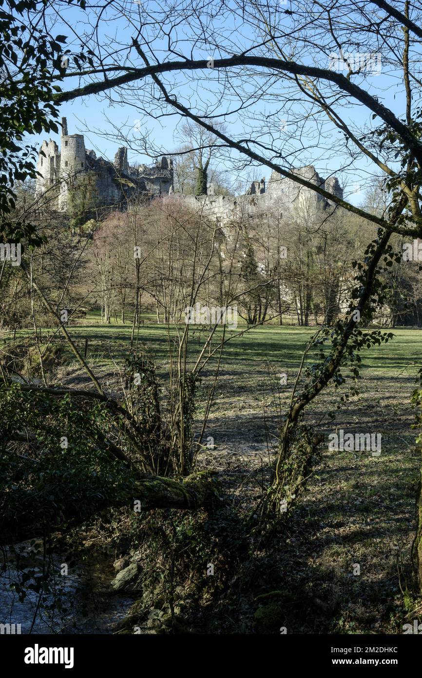 Ruins of the Montaigle Castle in the Molignee valley | Ruines du chateau de Montaigle dans la vallee de la Molignee 26/02/2018  Stock Photo