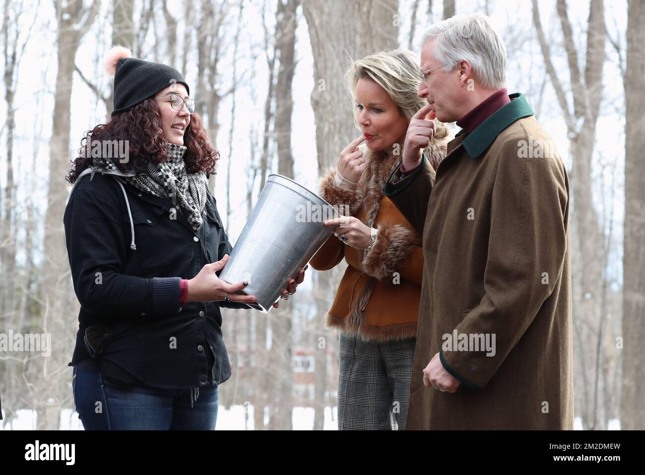 Queen Mathilde of Belgium, Canada Governor General Julie Payette and King Philippe - Filip of Belgium a visit to a sugar shack on the first day of a state visit of the Belgian Royals to Canada in Ottawa, Canada, Monday 12 March 2018. BELGA PHOTO BENOIT DOPPAGNE  Stock Photo