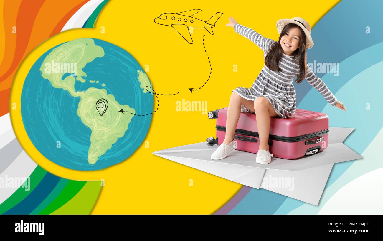 Little Girl With Suitcase Flying On Paper Airplane Vacation Concept little-girl-with-suitcase-flying-on-paper-airplane-vacation-concept