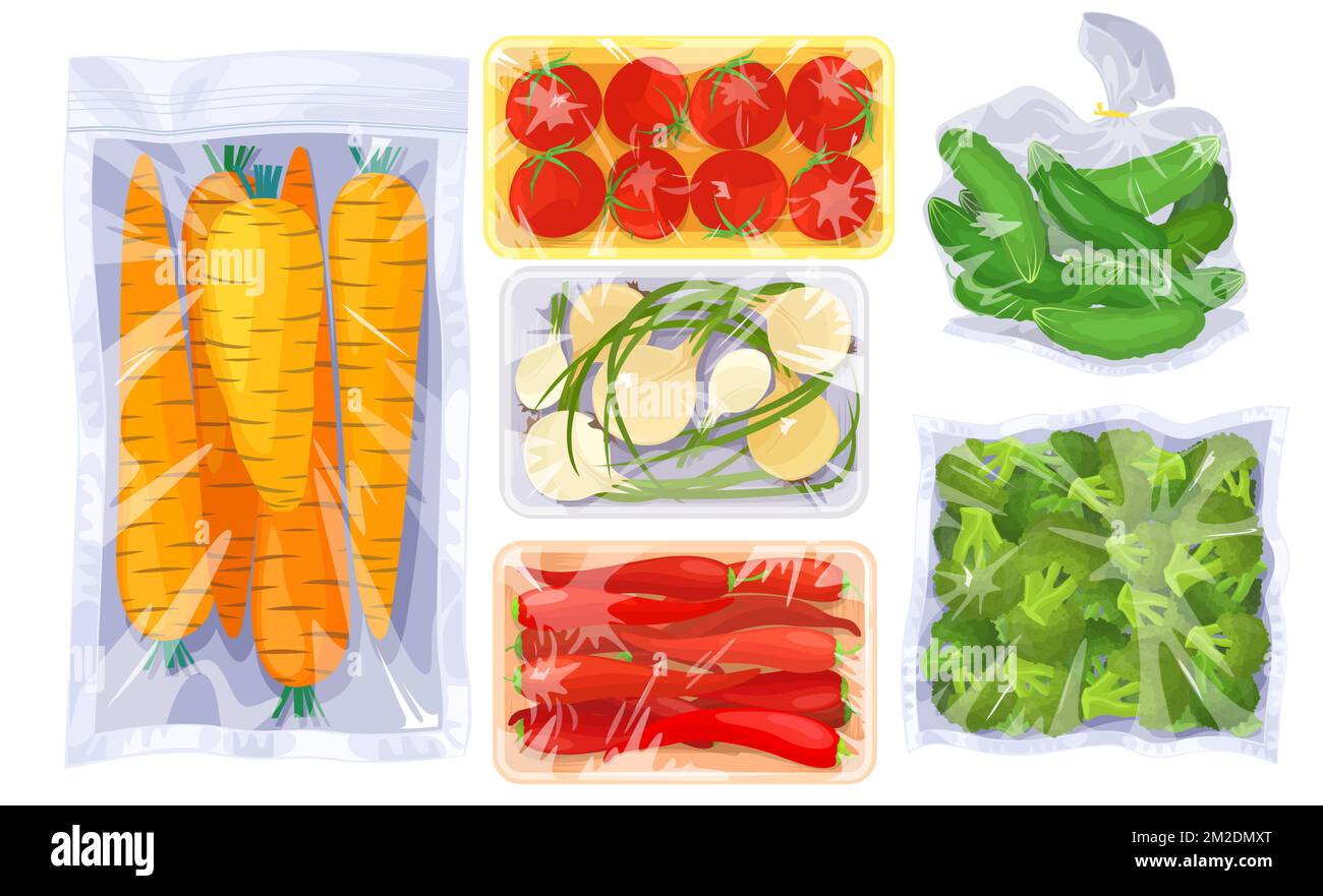 Plastic packages with fresh vegetable vacuum food Stock Vector