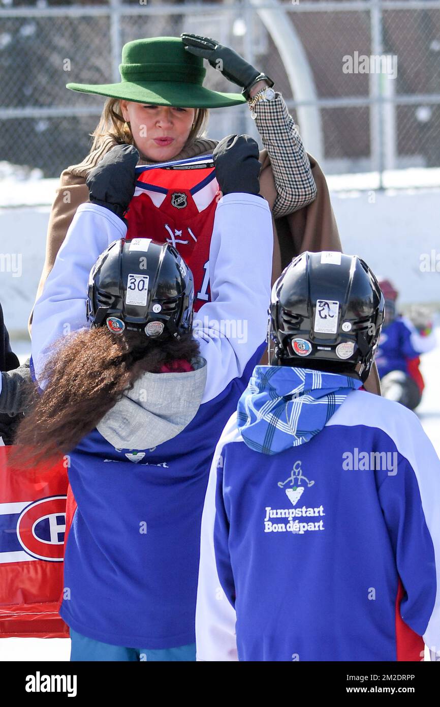 Queen Mathilde of Belgium pictured during a visit to a project of the Montreal Canadiens Children's Foundation on the fifth day of a state visit of the Belgian Royals to Canada in Montreal, Canada, Friday 16 March 2018. BELGA PHOTO POOL BENOIT DOPPAGNE / FREDERIC SIERAKOWSKI Stock Photo