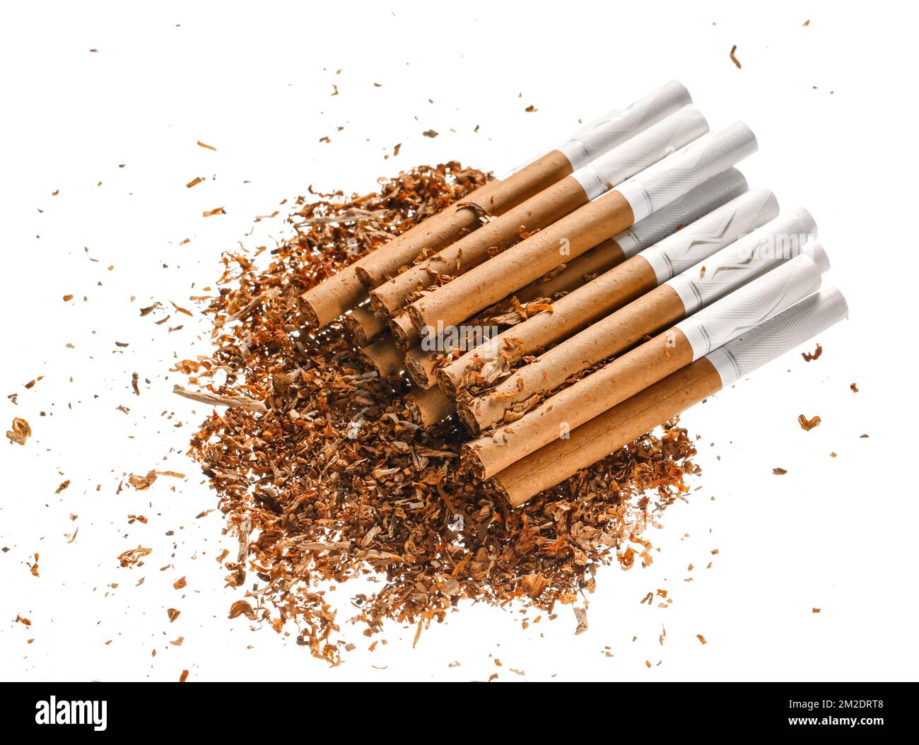 Whole cigarettes and tobacco isolated on white background Stock Photo
