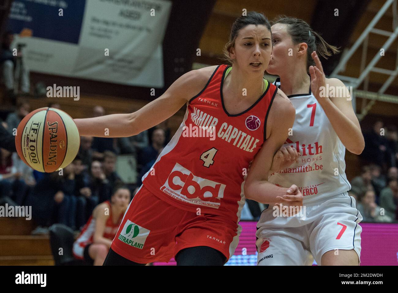 Namur's Mariona Ortiz and Waregem's Miete Celus fight for the ball during the basketball match between Namur Capitale and Waregem, the final of the women's Belgian Cup, Sunday 18 March 2018 in Vilvoorde. BELGA PHOTO LUC CLAESSEN Stock Photo