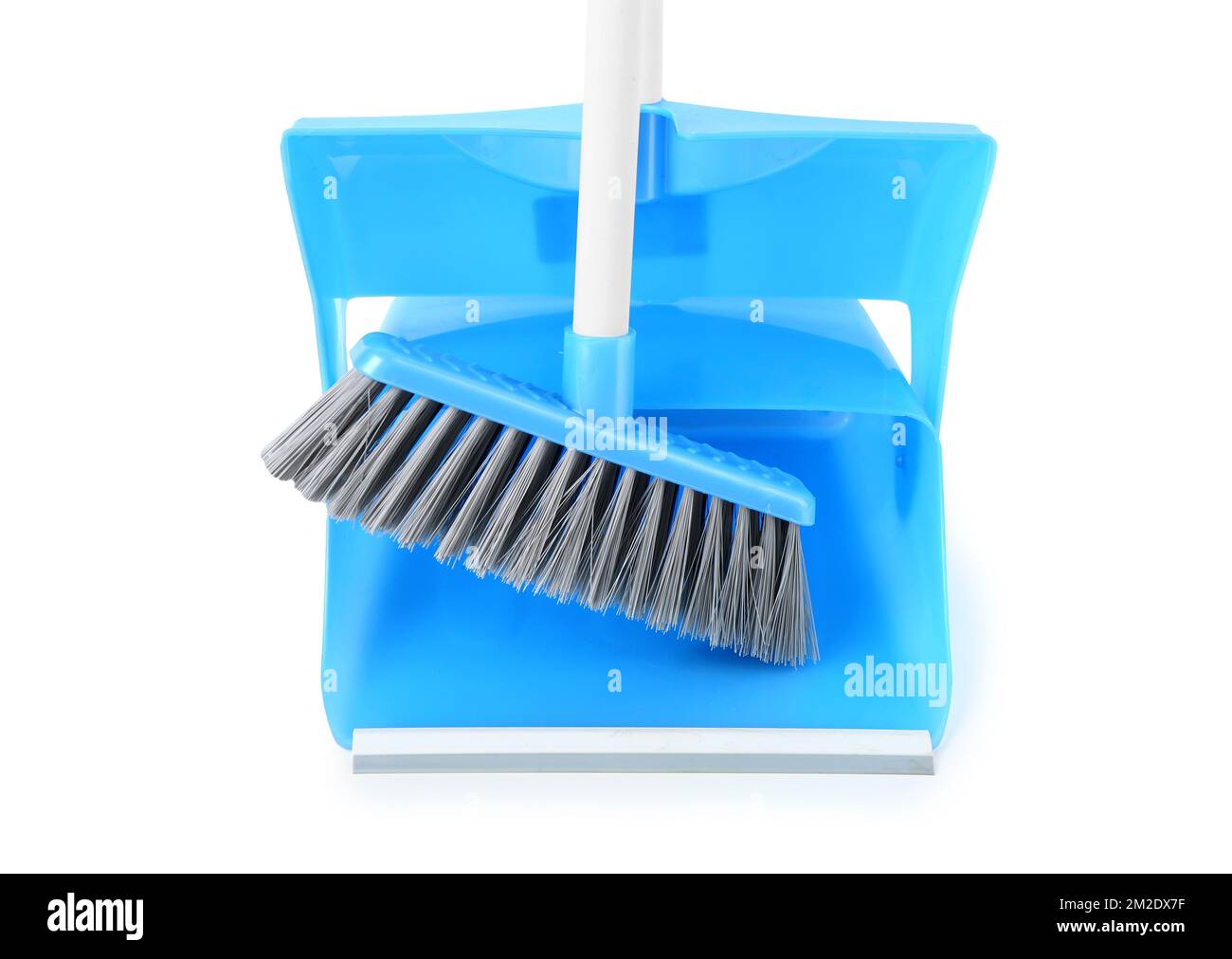 Cleaning broom and dustpan isolated on white background, closeup Stock