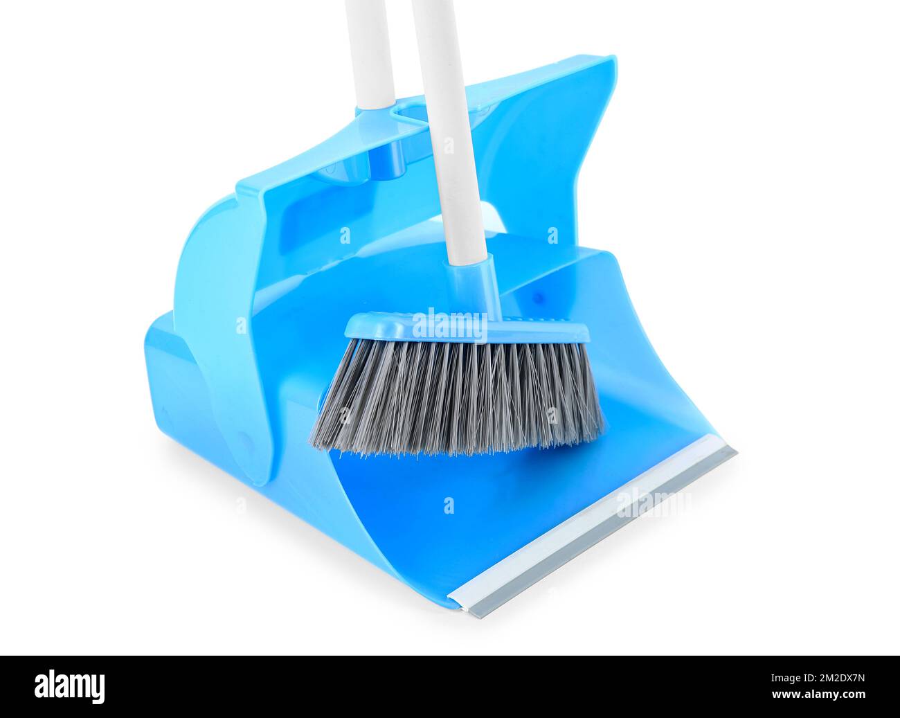 Cleaning broom and dustpan isolated on white background, closeup Stock