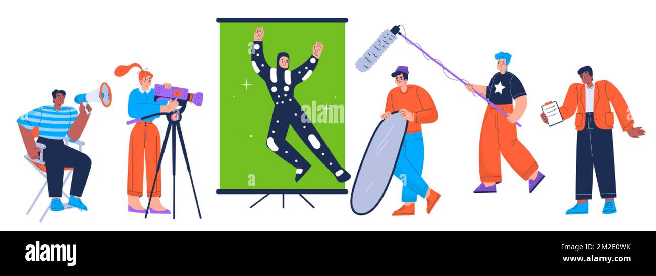 Film crew recording movie. Cinema production team with woman with camera, director with megaphone in chair, actor near green screen, men with micropho Stock Vector