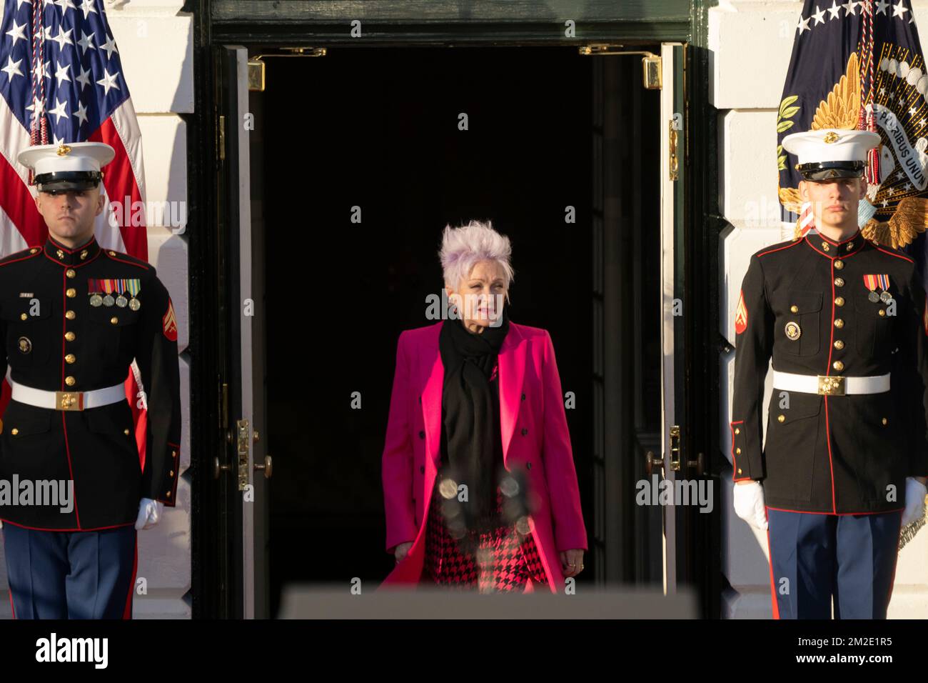 Singer Cyndi Lauper arrives to perform in a ceremony with US President Joe Biden to sign the Respect for Marriage Act on the South Lawn of the White House in Washington, DC on December 13, 2022. Credit: Chris Kleponis/Pool via CNP Stock Photo