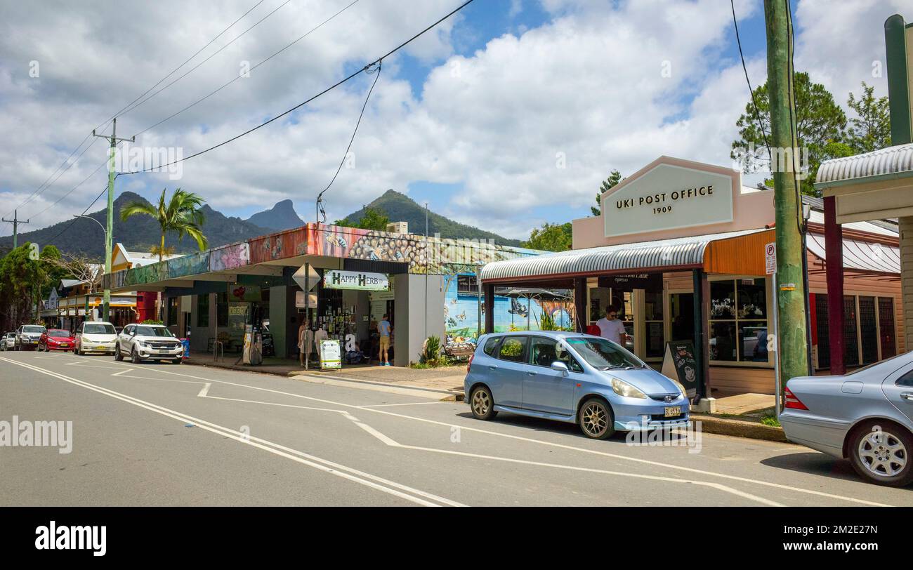 The main street of Uki, near Murwillumbah, northern new south wales, australia, showing the supermarket, Hippie Herbs and the Post Office Stock Photo