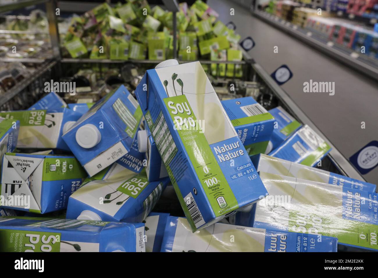 Illustration picture shows soy milk at the new pilot store (pilootwinkel - Magasin Pilote) of supermarket chain Aldi Belgium, in Diegem, Tuesday 27 March 2018. BELGA PHOTO THIERRY ROGE Stock Photo