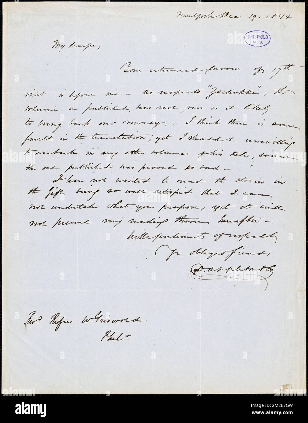 D. Appleton and Co., New York, autograph letter signed to R. W. Griswold, 19 December 1844 , American literature, 19th century, History and criticism, Authors, American, 19th century, Correspondence, Authors and publishers, Poets, American, 19th century, Correspondence, Zschokke, Heinrich, 1771-1848. Rufus W. Griswold Papers Stock Photo