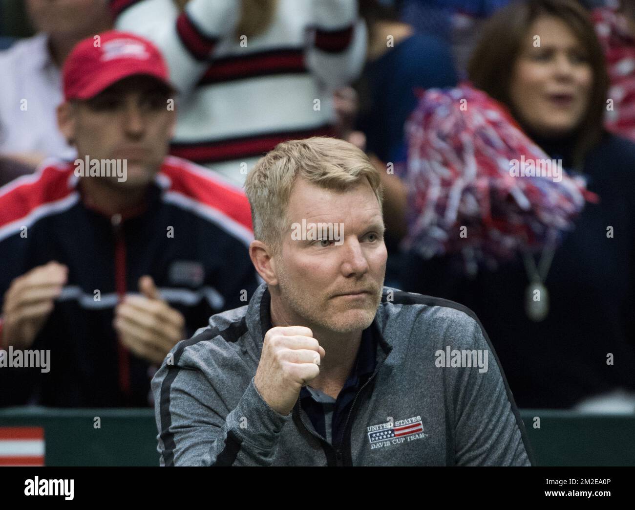 US team captain Jim Courier celebrates after winning a doubles tennis game between US' Ryan Harrison and Jack Sock versus Belgians Sander Gille and Joran Vliegen, the third rubber of the quarterfinals of the Davis Cup World Group tennis between USA and Belgium, Saturday 07 April 2018, in Nashville, United States of America. The Davis Cup meeting is taking place from 6 to 8 April. BELGA PHOTO BENOIT DOPPAGNE BELGA PHOTO BENOIT DOPPAGNE Stock Photo