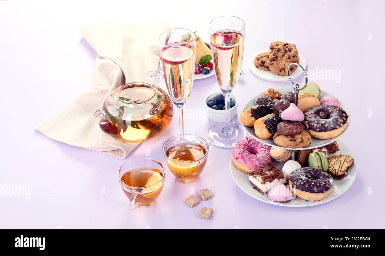 Traditional English tea. Afternoon tea with selection of sweets on