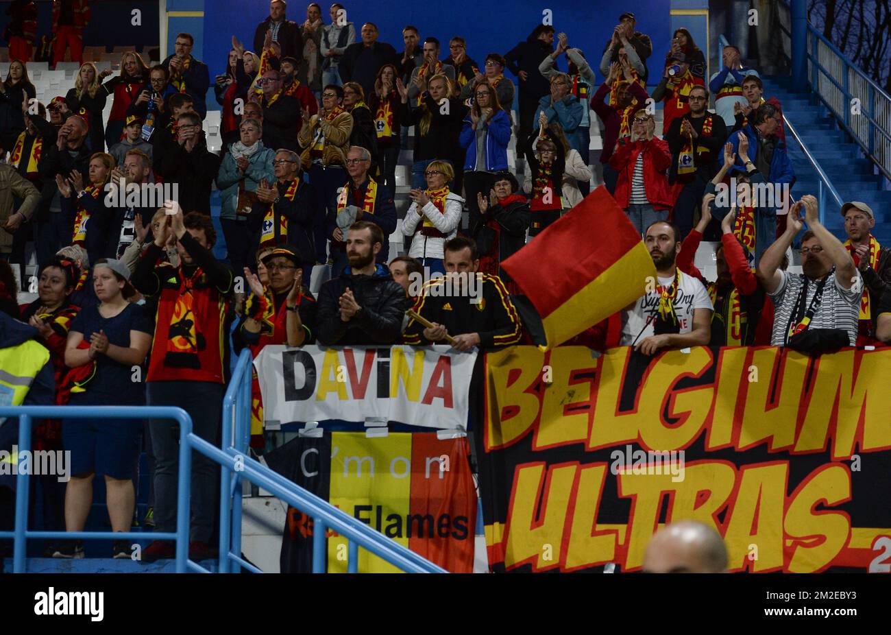 Belgium's fans pictured at a soccer game between Italy and Belgium's Red Flames, Tuesday 10 April 2018, in Ferrara, Italy, the fifth out of 8 qualification games for the women's 2019 World Cup. BELGA PHOTO DAVID CATRY  Stock Photo