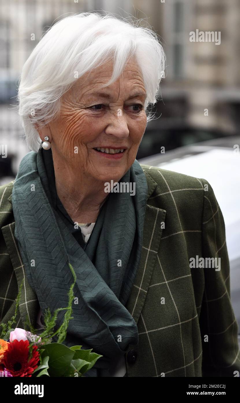 Queen Paola of Belgium pictured during a royal visit to the 'Lost in Migration, II edition' conference, Wednesday 11 April 2018 in Brussels. BELGA PHOTO ERIC LALMAND Stock Photo