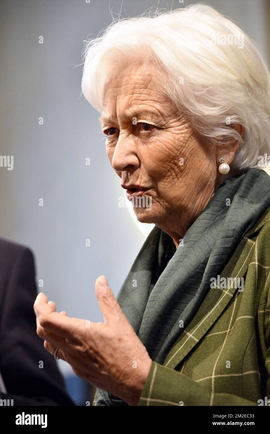 Queen Paola of Belgium pictured during a royal visit to the 'Lost in Migration, II edition' conference, Wednesday 11 April 2018 in Brussels. BELGA PHOTO ERIC LALMAND Stock Photo