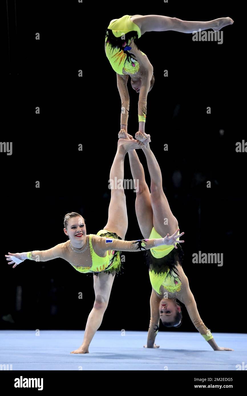 France group Zoe Contargyris, Margot Deschamps and Valentine Morgant pictured in action during the second day of the 26th edition of the world championships acrobatic gymnastics in Antwerp, Saturday 14 April 2018. BELGA PHOTO DIRK WAEM Stock Photo