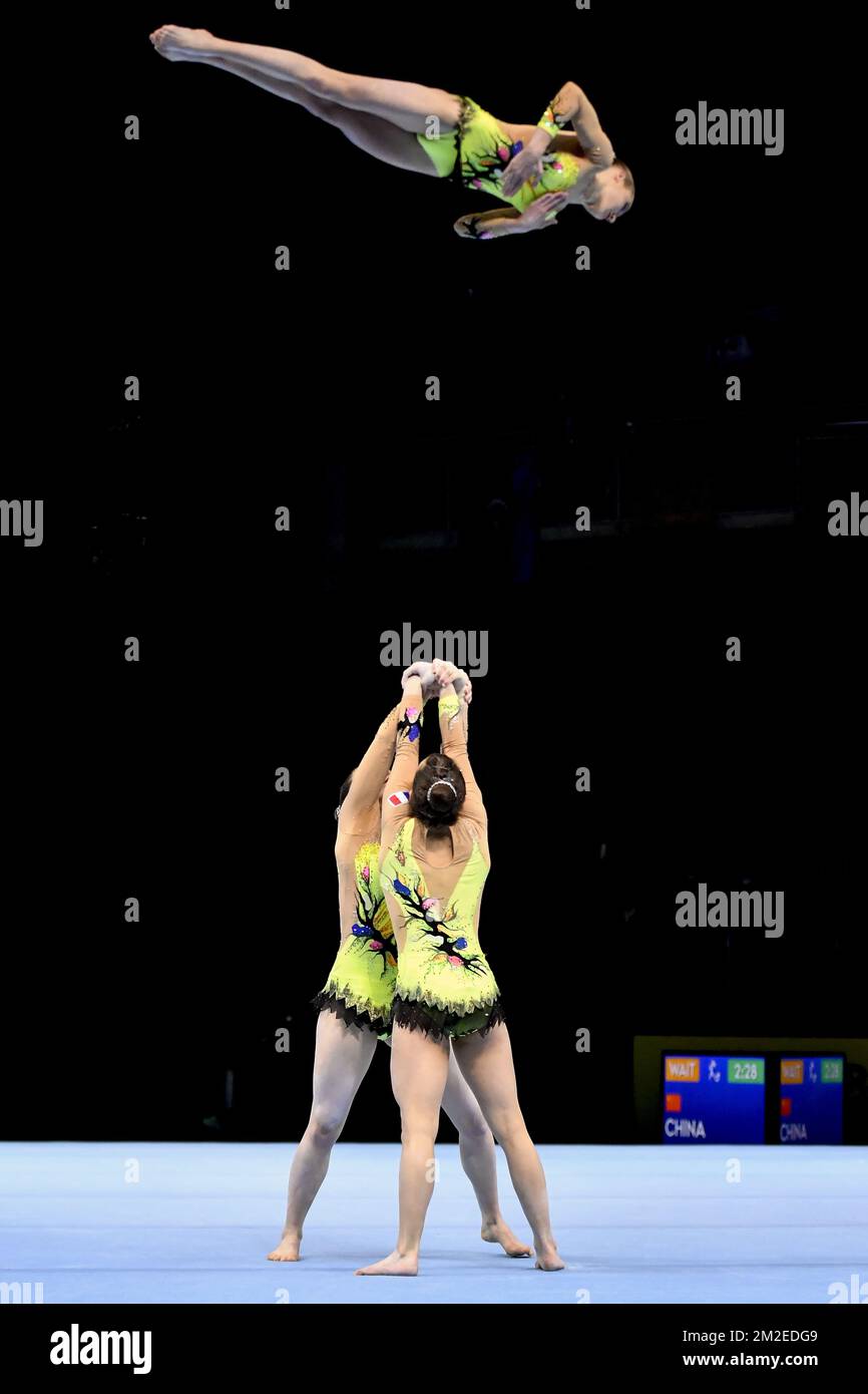 France group Zoe Contargyris, Margot Deschamps and Valentine Morgant pictured in action during the second day of the 26th edition of the world championships acrobatic gymnastics in Antwerp, Saturday 14 April 2018. BELGA PHOTO DIRK WAEM Stock Photo