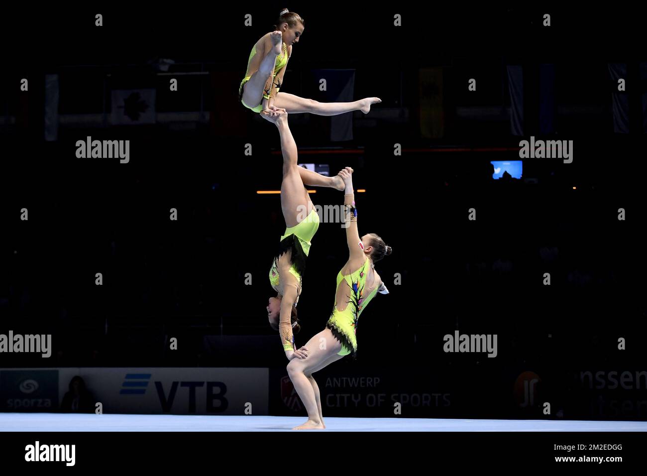 France group Zoe Contargyris, Margot Deschamps and Valentine Morgant pictured in action during the second day of the 26th edition of the world championships acrobatic gymnastics in Antwerp, Saturday 14 April 2018. BELGA PHOTO DIRK WAEM Stock Photo