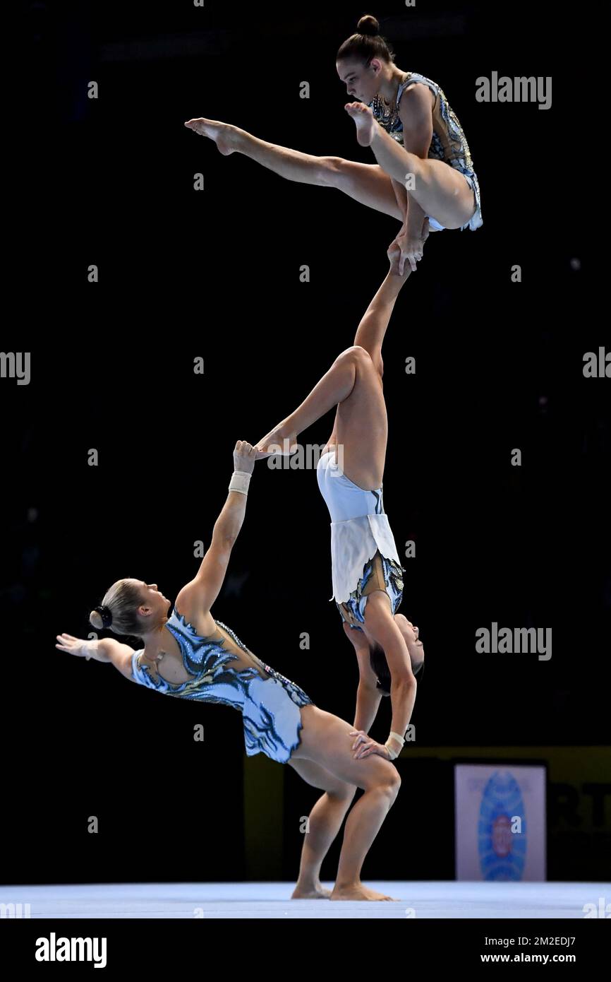 Australia group Lauren Fraquhar, Taylah Doosey and Maja Moore pictured in action during the second day of the 26th edition of the world championships acrobatic gymnastics in Antwerp, Saturday 14 April 2018. BELGA PHOTO DIRK WAEM Stock Photo
