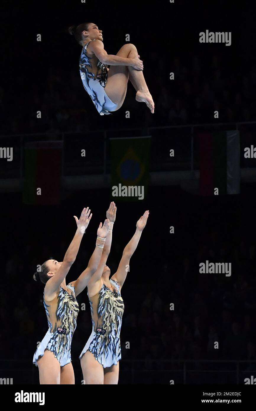 Australia group Lauren Fraquhar, Taylah Doosey and Maja Moore pictured in action during the second day of the 26th edition of the world championships acrobatic gymnastics in Antwerp, Saturday 14 April 2018. BELGA PHOTO DIRK WAEM Stock Photo