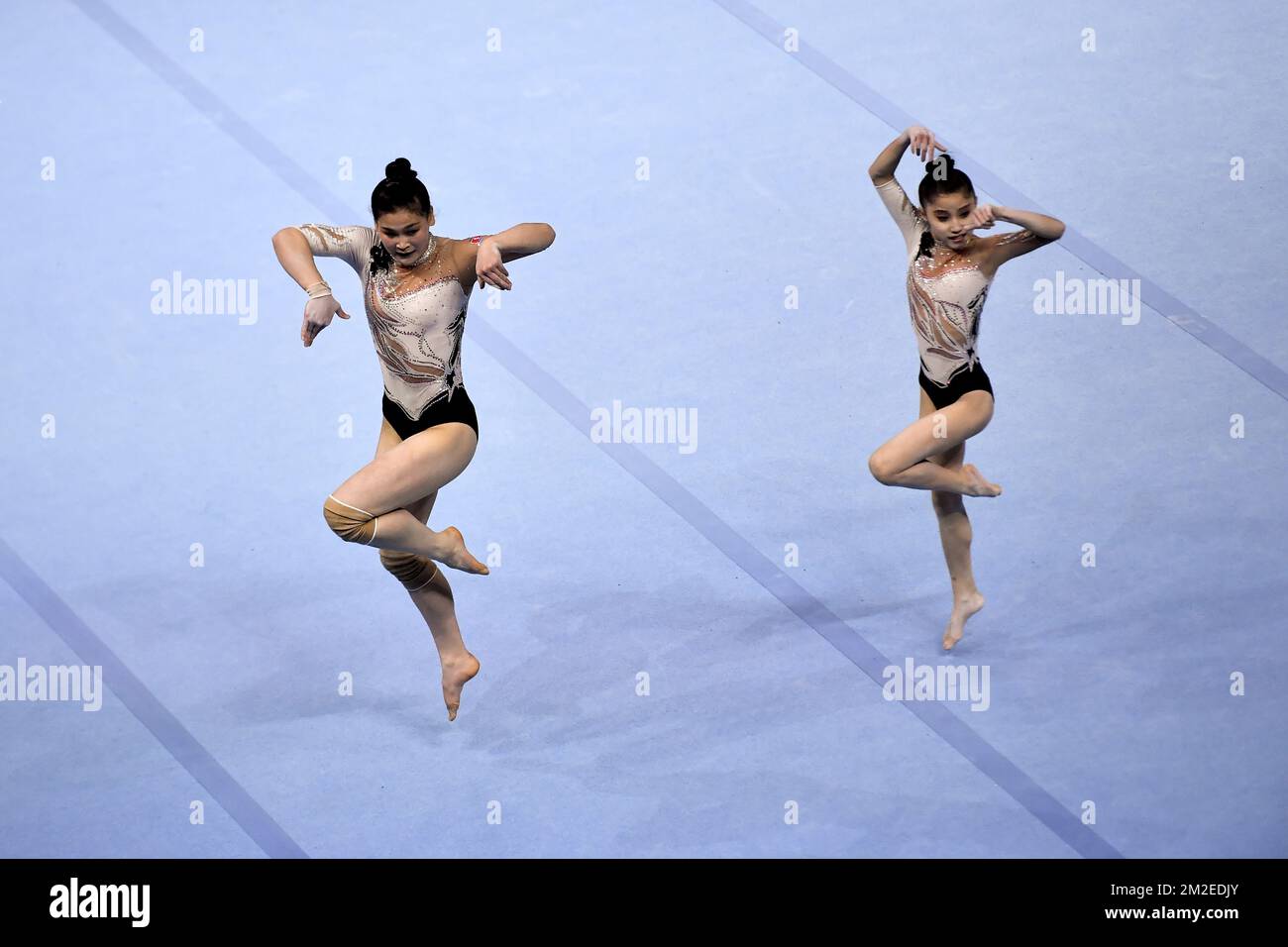 North Korea Pair Kum Hwa Jong and Yun ae Pyong pictured in action during the second day of the 26th edition of the world championships acrobatic gymnastics in Antwerp, Saturday 14 April 2018. BELGA PHOTO DIRK WAEM Stock Photo