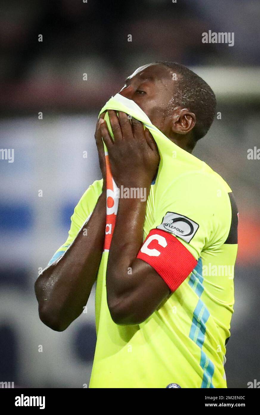 Gent's Nana Asare looks dejected after the Jupiler Pro League match between Sporting Charleroi and KAA Gent, in Charleroi, Sunday 22 April 2018, on day five of the Play-Off 1 of the Belgian soccer championship. BELGA PHOTO VIRGINIE LEFOUR Stock Photo