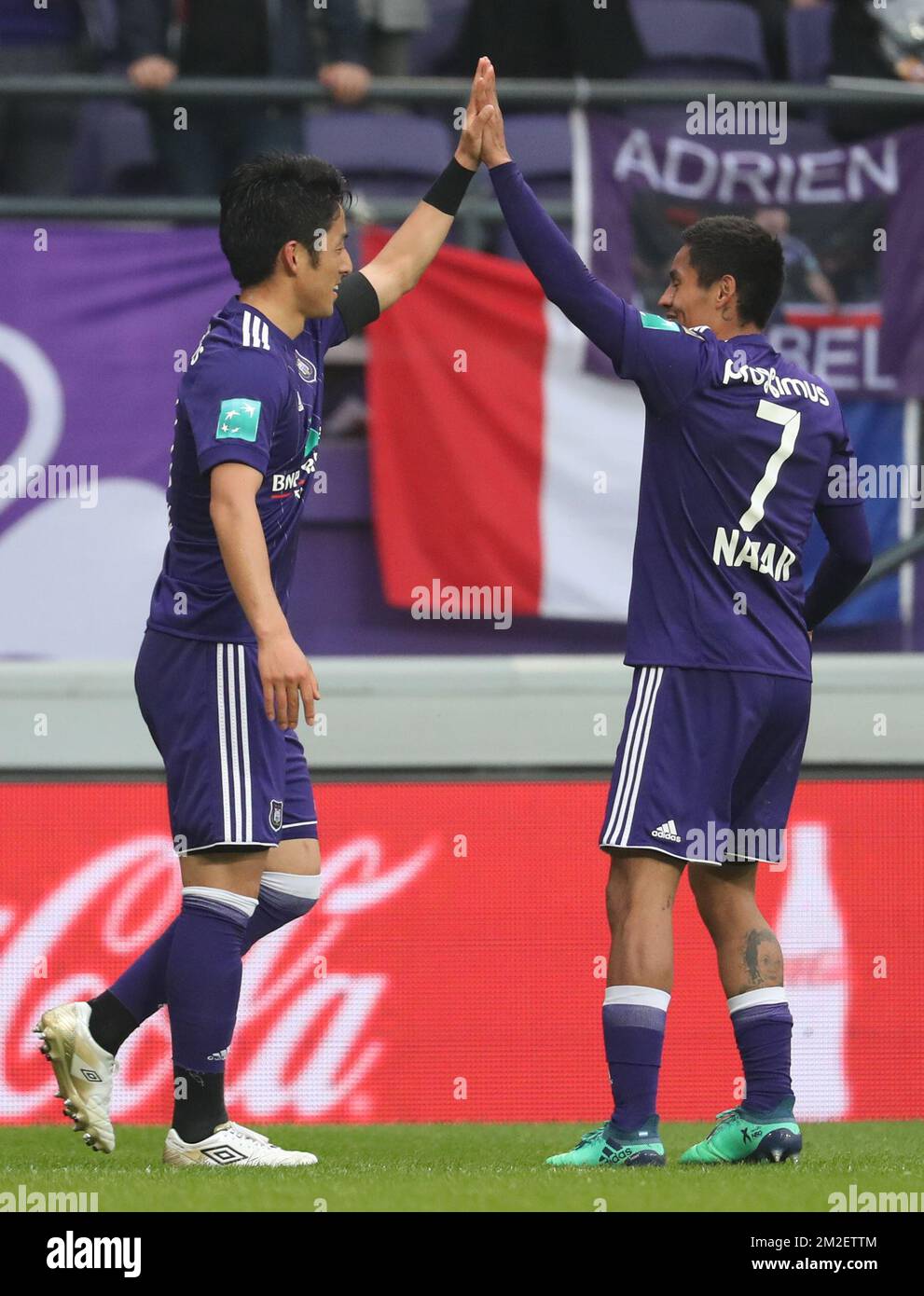 Anderlecht's Ryota Morioka and Anderlecht's Andy Najar celebrate after scoring during the Jupiler Pro League match between RSC Anderlecht and Sporting Charleroi, in Brussels, Sunday 29 April 2018, on day six of the Play-Off 1 of the Belgian soccer championship. BELGA PHOTO VIRGINIE LEFOUR Stock Photo