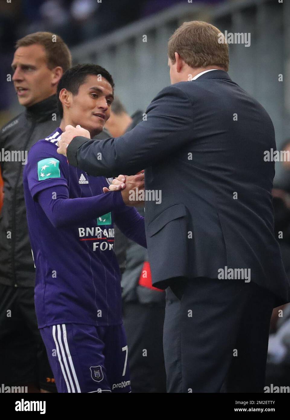 Anderlecht's Andy Najar and Anderlecht's head coach Hein Vanhaezebrouck pictured during the Jupiler Pro League match between RSC Anderlecht and Sporting Charleroi, in Brussels, Sunday 29 April 2018, on day six of the Play-Off 1 of the Belgian soccer championship. BELGA PHOTO VIRGINIE LEFOUR Stock Photo