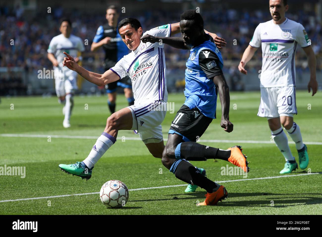 Anderlecht's Andy Najar and Club's Krepin Diatta fight for the ball during the Jupiler Pro League match between Club Brugge KV and RSC Anderlecht, in Brugge, Sunday 06 May 2018, on day seven of the Play-Off 1 of the Belgian soccer championship. BELGA PHOTO VIRGINIE LEFOUR Stock Photo