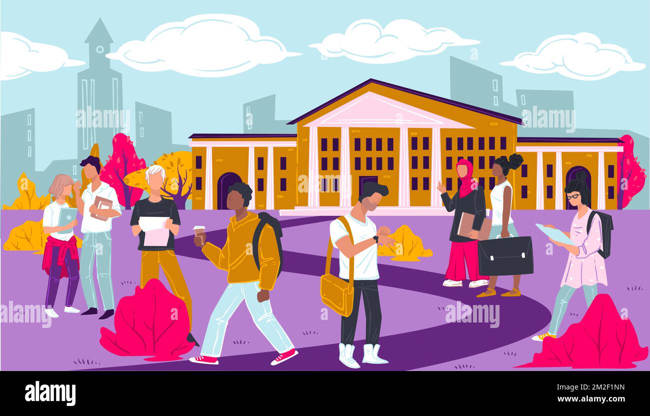 University with students outdoors, teenagers preparing for classes Stock Vector