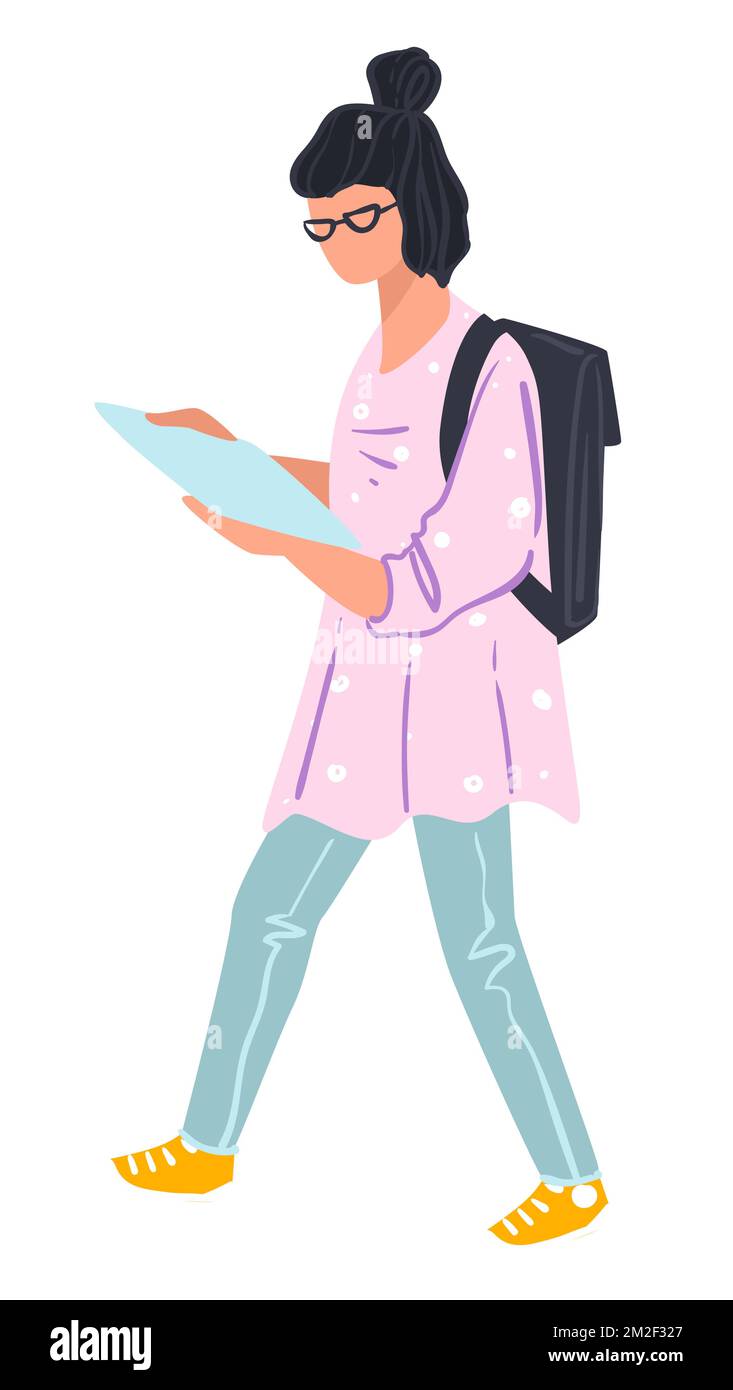 Student girl looking at page and walking vector Stock Vector