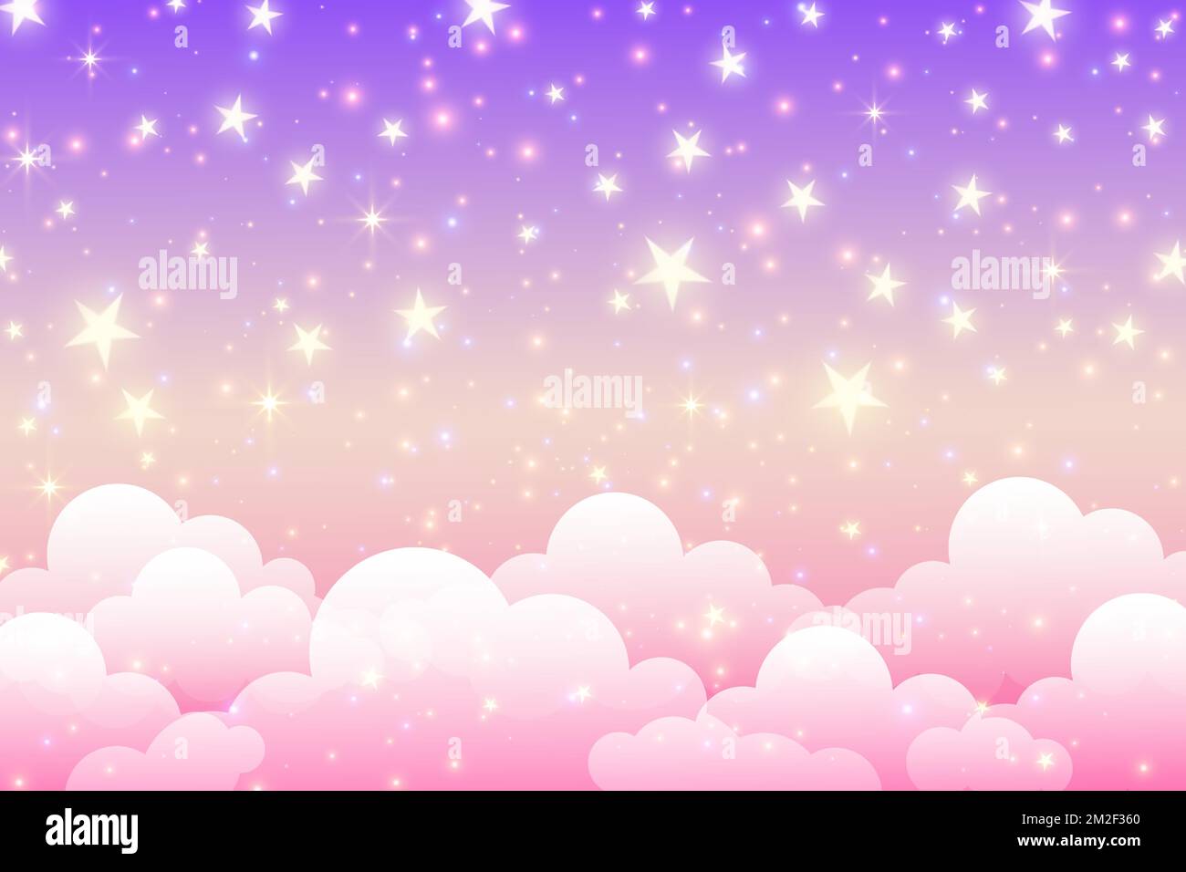 Fantasy pink unicorn background with clouds and stars. Pastel color sky. Magical landscape, abstract fabulous pattern. Cute candy wallpaper. Vector. Stock Vector