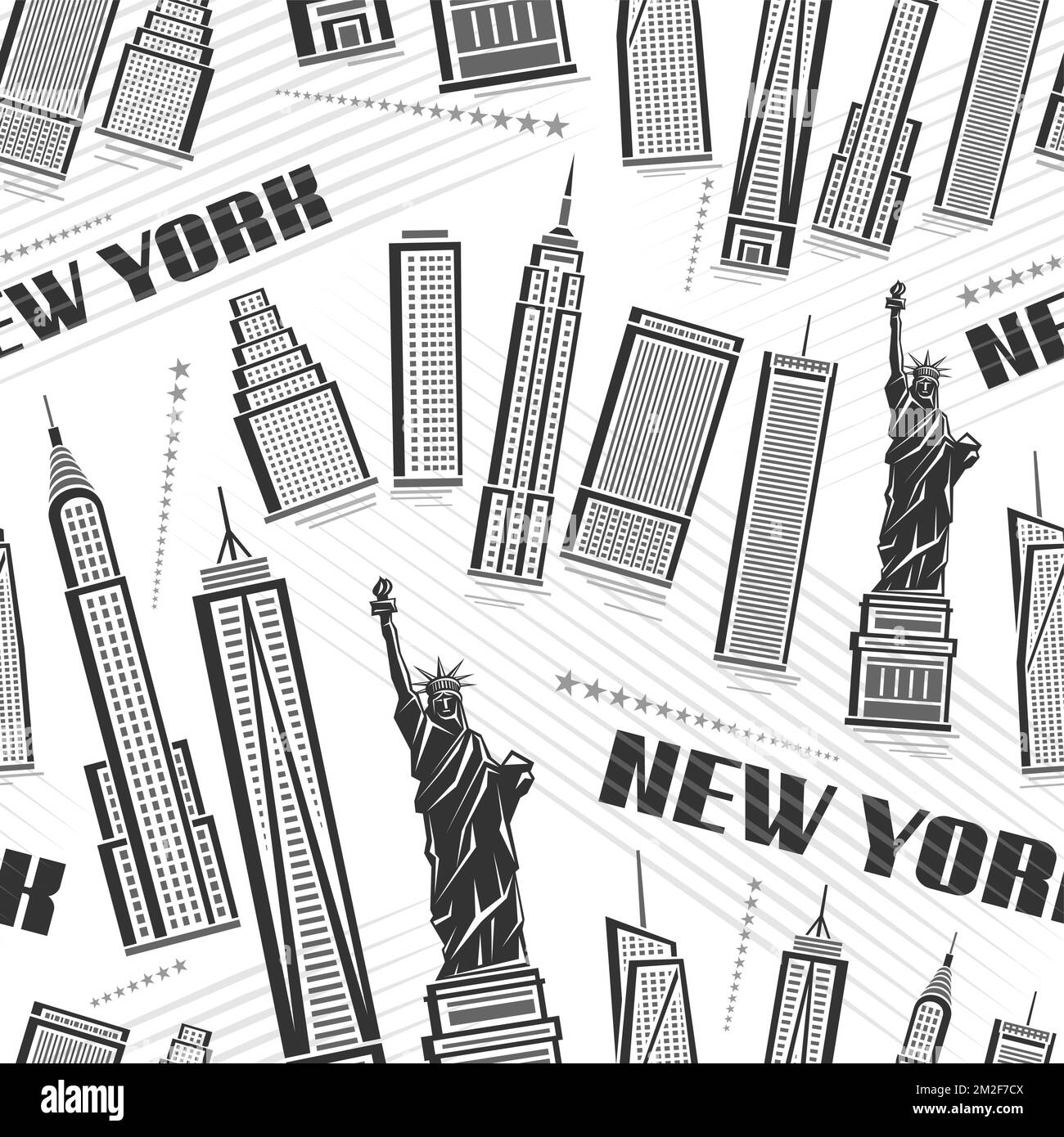 Vector New York City seamless pattern, square repeat background with illustrations of modern contour buildings in united states on white background, m Stock Vector