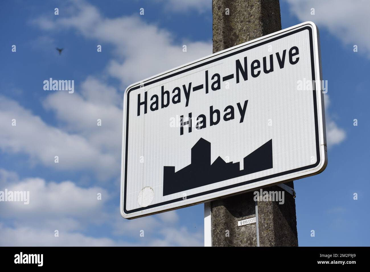 Illustration shows the name of the Habay-la-Neuve Habay municipality on a  road sign, Wednesday 16 May 2018. BELGA PHOTO JEAN-LUC FLEMAL Stock Photo -  Alamy
