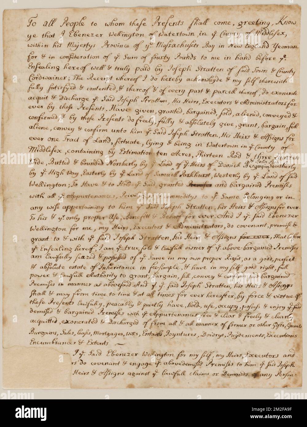 Deed from Ebenezer Wellington to Joseph Stratten for 10 acres land in Watertown, in consideration of 50£; reverse used by Joshua Child for tax calculations , Real property Stock Photo