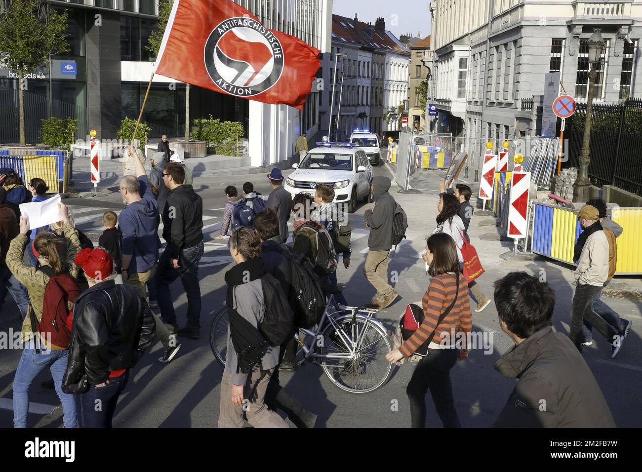 Illustration picture shows a protest action organised by several associations of defence of asylum seekers' rights, in front of the immigration office in Brussels, after a three years old girl named Madwa died yesterday after a speed chase with police, Friday 18 May 2018. Around thirty persons were inside a vehicle, from Kurds origins, most likely on their way to Calais. BELGA PHOTO NICOLAS MAETERLINCK Stock Photo