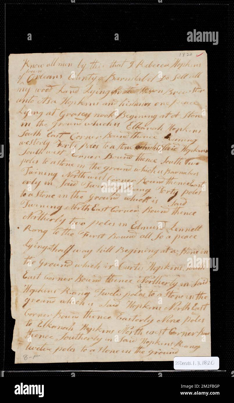 Deed of property in Brewster sold to Asa Hopkins by Rebecca Hopkins of